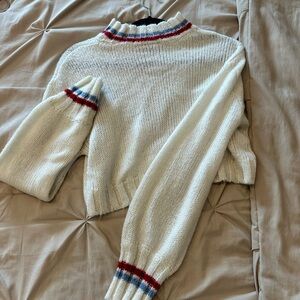Cream Knit Sweater with Red and Blue Stripe Trim